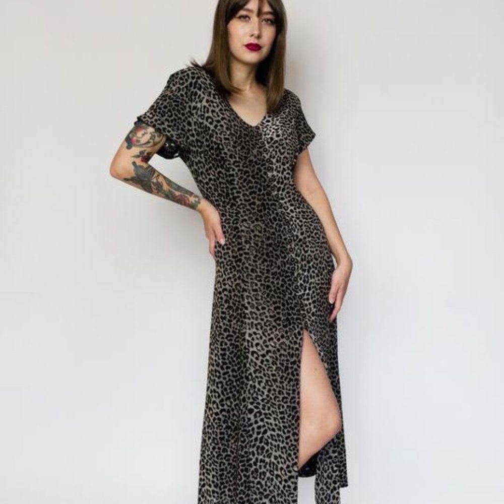 Vintage Paco Rabanne Animal Print button up cap sleeve Dress L / Adjustable size